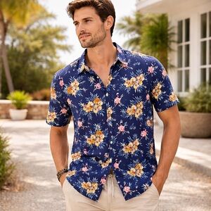 MBX Premium Goods Flamingo Tropical Button Down Shirt Navy Pink Size M Beach